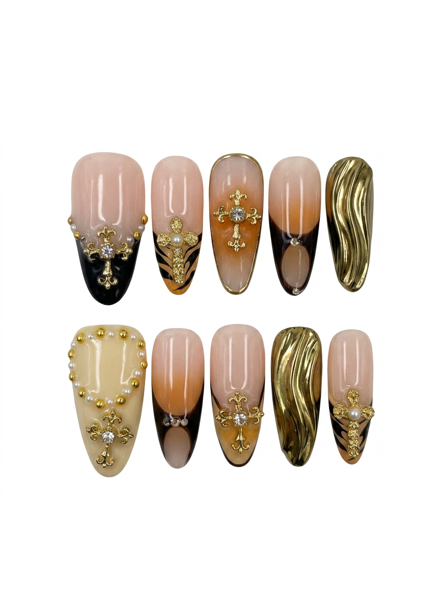 MEDIUM ALMOND MULTI COLOR NAILS WITH CROSSES