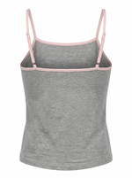 Ghost mannequin image of a heather grey contrast straps square neck crop cami top on a white background.