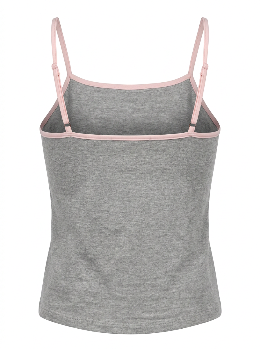 Ghost mannequin image of a heather grey contrast straps square neck crop cami top on a white background.