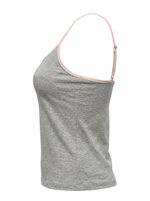 Ghost mannequin image of a heather grey contrast straps square neck crop cami top on a white background.
