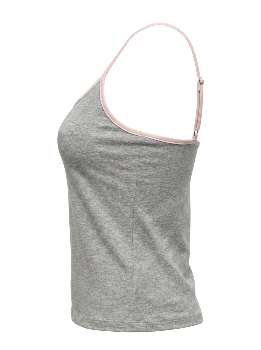 Ghost mannequin image of a heather grey contrast straps square neck crop cami top on a white background.