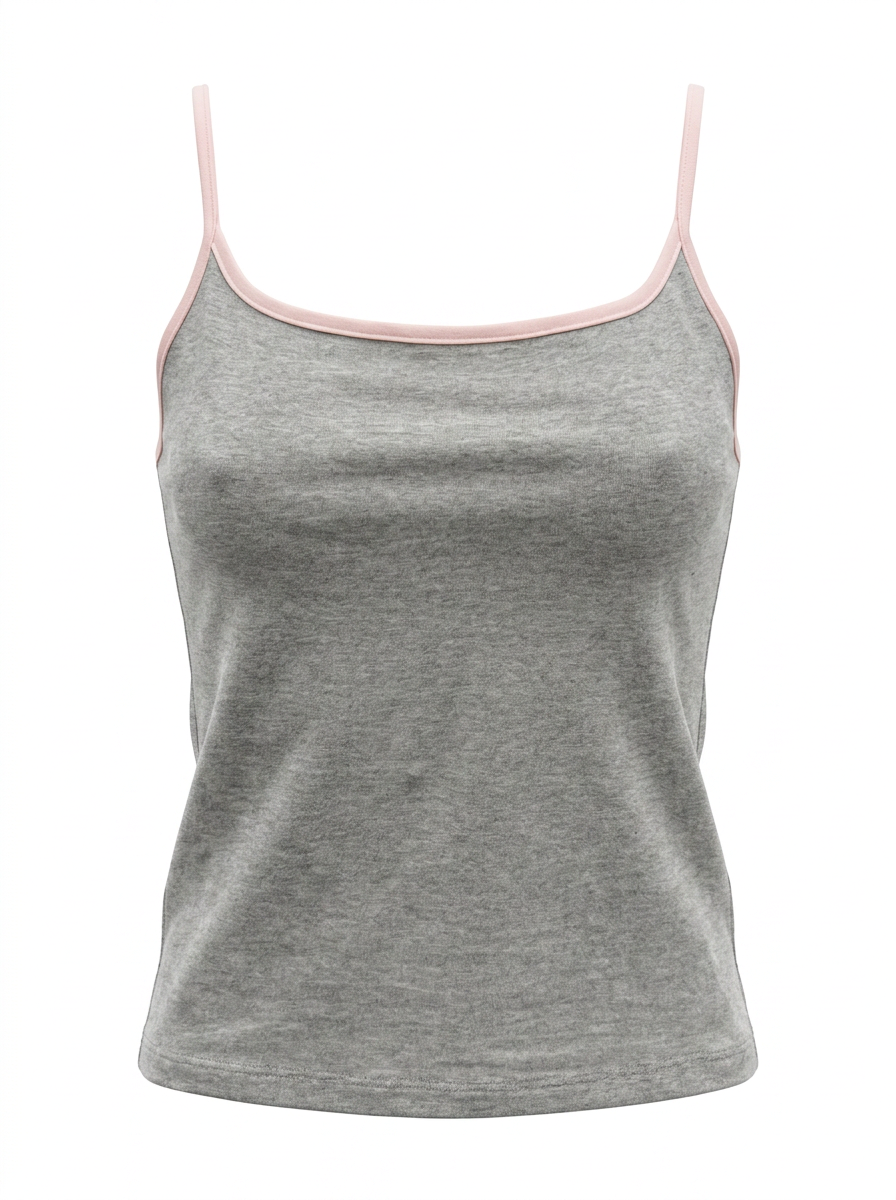 Ghost mannequin image of a heather grey contrast straps square neck crop cami top on a white background.
