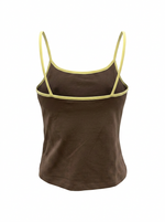 Ghost mannequin image of a brown contrast straps square neck crop cami top on a white background.