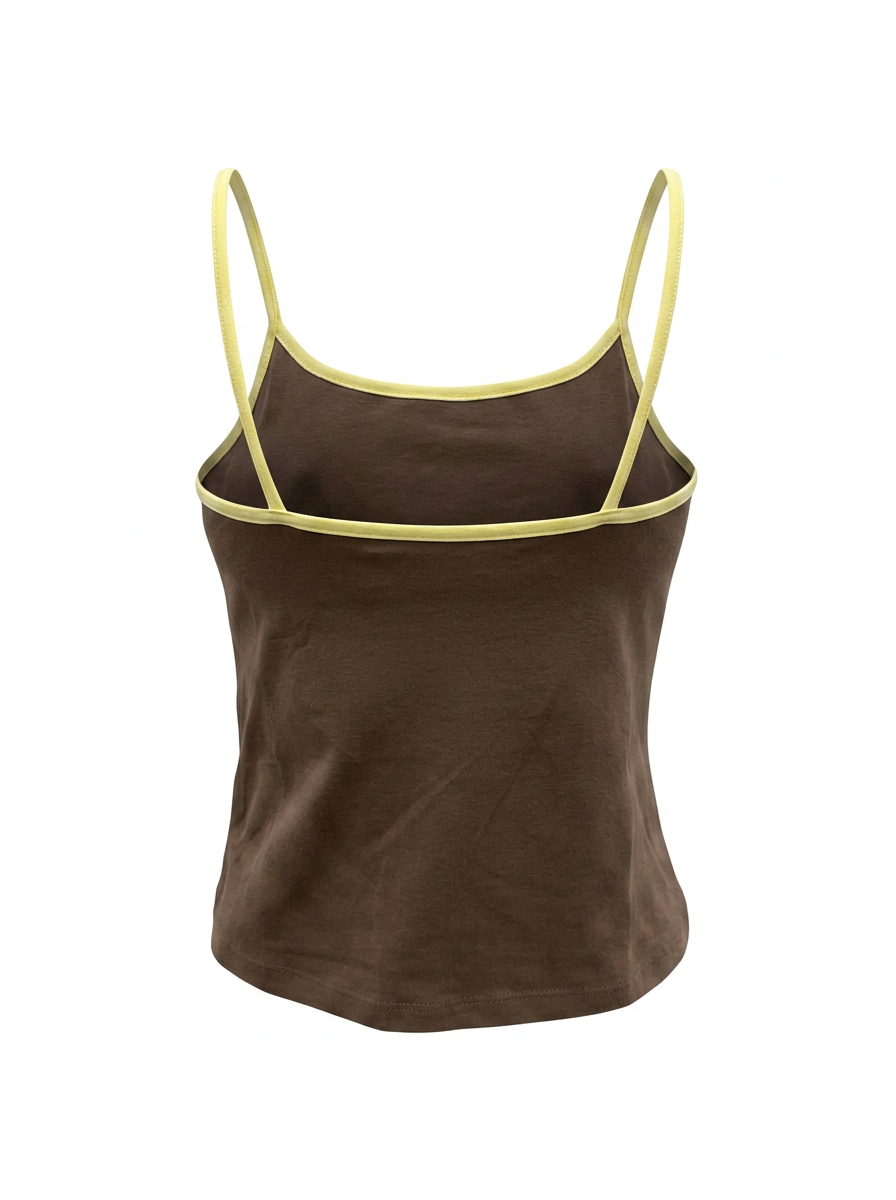 Ghost mannequin image of a brown contrast straps square neck crop cami top on a white background.