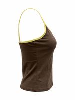 Ghost mannequin image of a brown contrast straps square neck crop cami top on a white background.