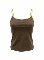 Ghost mannequin image of a brown contrast straps square neck crop cami top on a white background.