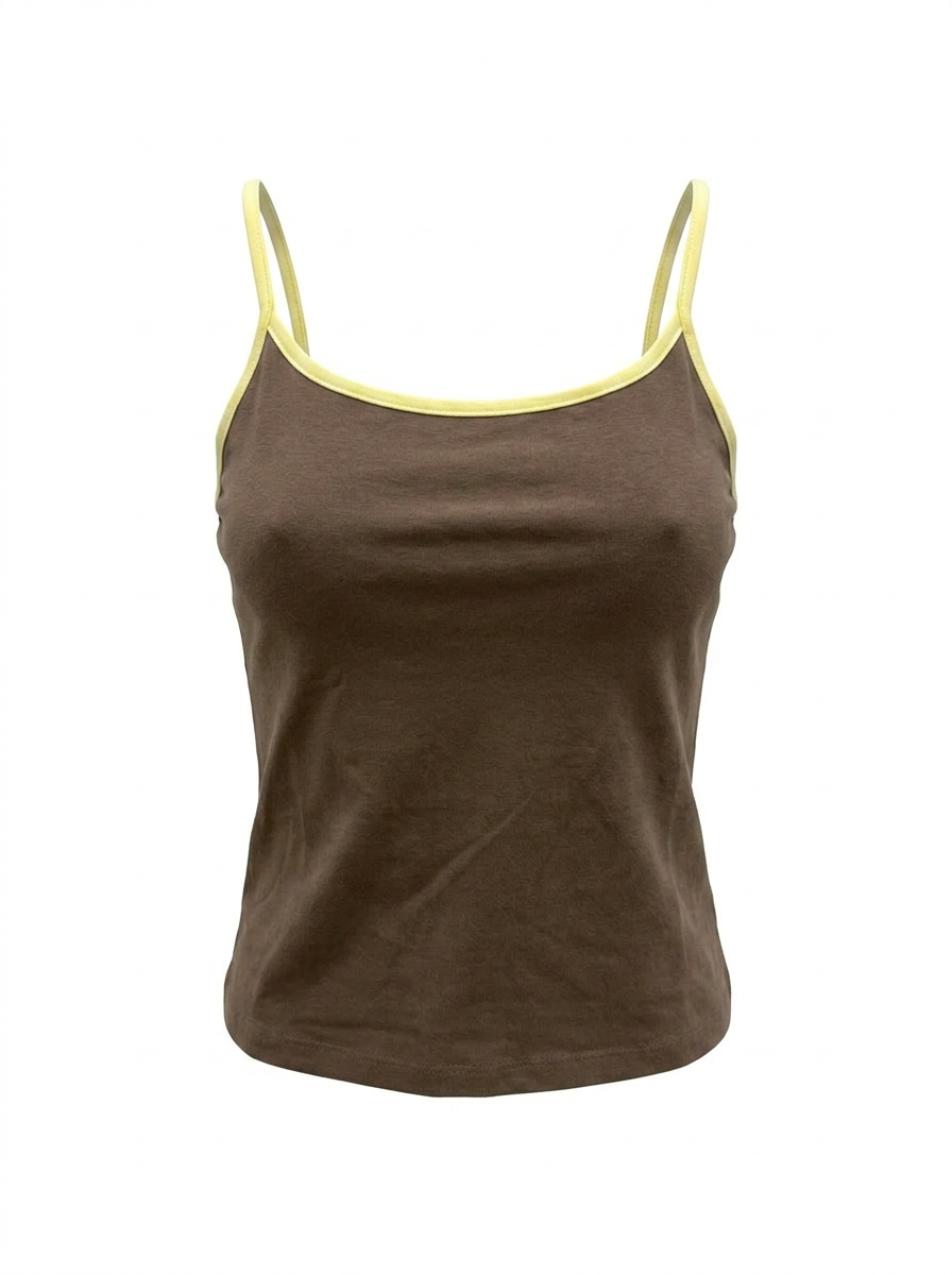Ghost mannequin image of a brown contrast straps square neck crop cami top on a white background.