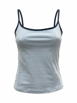Ghost mannequin image of a baby blue contrast straps square neck crop cami top on a white background.