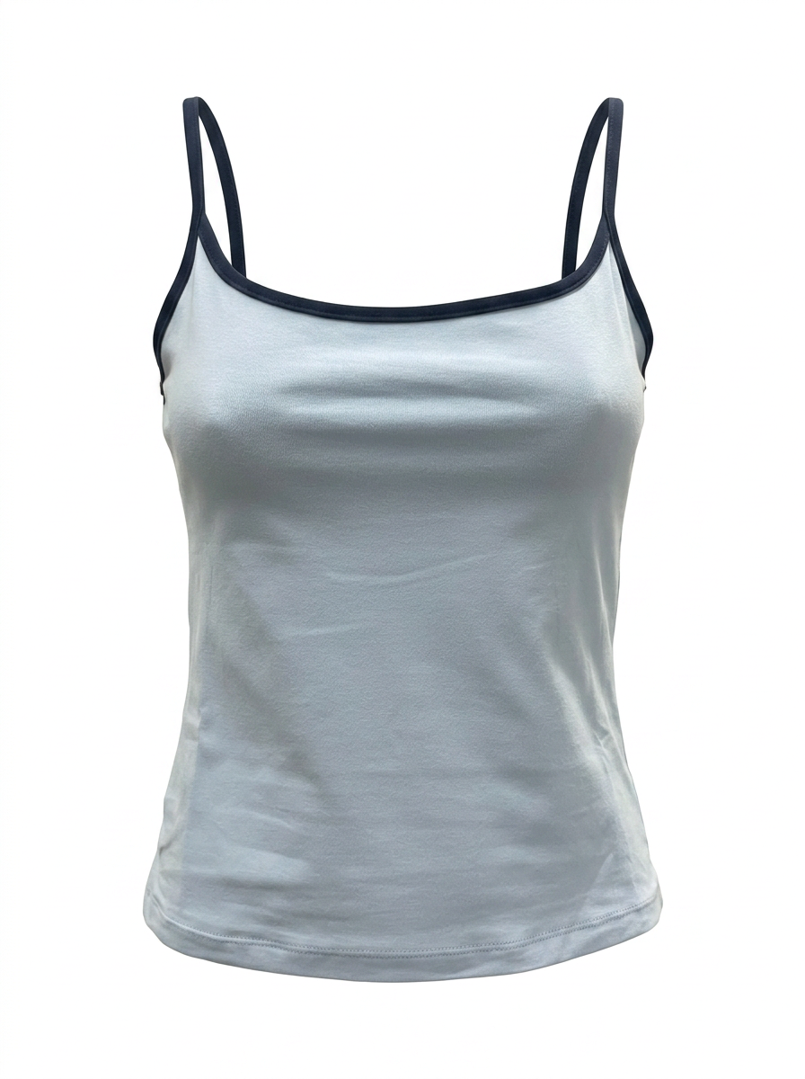 Ghost mannequin image of a baby blue contrast straps square neck crop cami top on a white background.