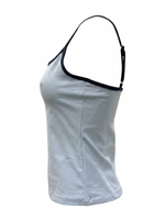 Ghost mannequin image of a baby blue contrast straps square neck crop cami top on a white background.
