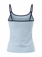 Ghost mannequin image of a baby blue contrast straps square neck crop cami top on a white background.