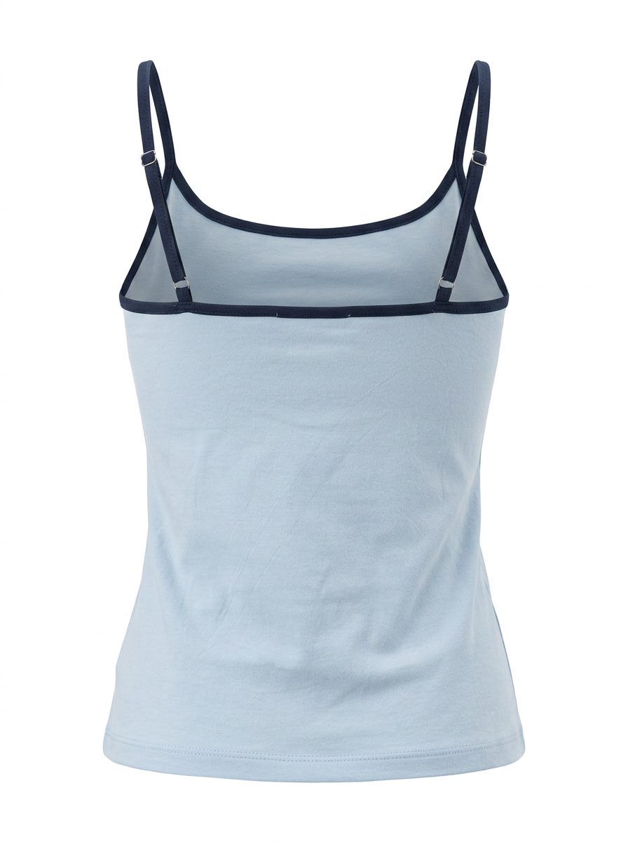 Ghost mannequin image of a baby blue contrast straps square neck crop cami top on a white background.