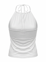 Ghost mannequin image of a white halter high neck sleeveless bodycon top on a white background. 
