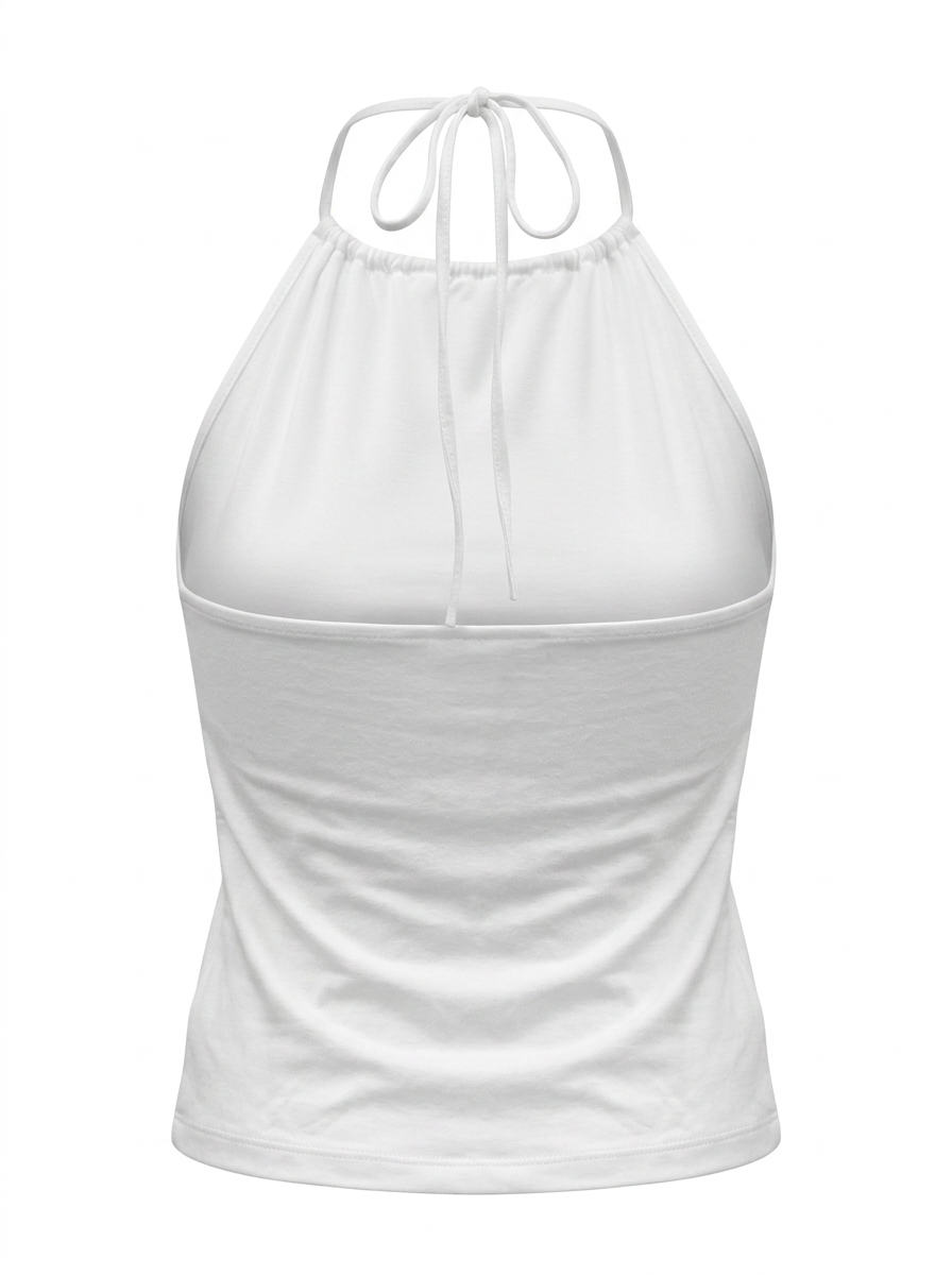 Ghost mannequin image of a white halter high neck sleeveless bodycon top on a white background. 