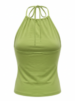 Ghost mannequin image of a green halter high neck sleeveless bodycon top on a white background. 