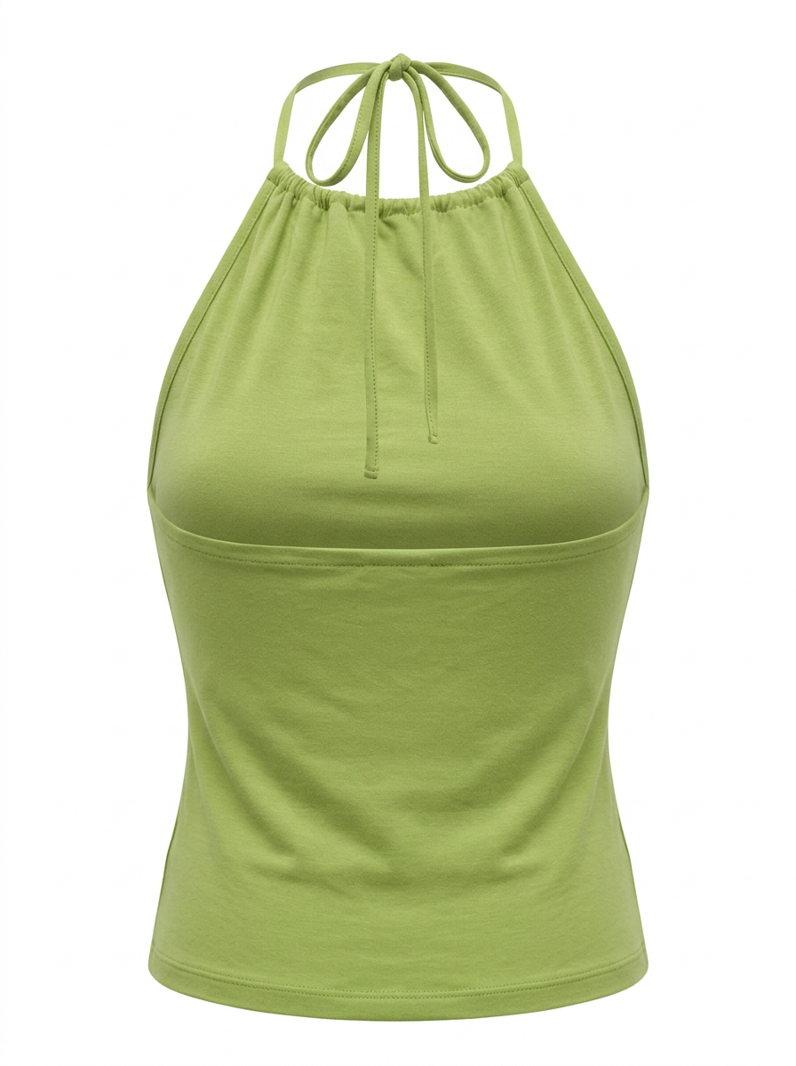 Ghost mannequin image of a green halter high neck sleeveless bodycon top on a white background. 