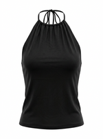 Ghost mannequin image of a black halter high neck sleeveless bodycon top on a white background. 
