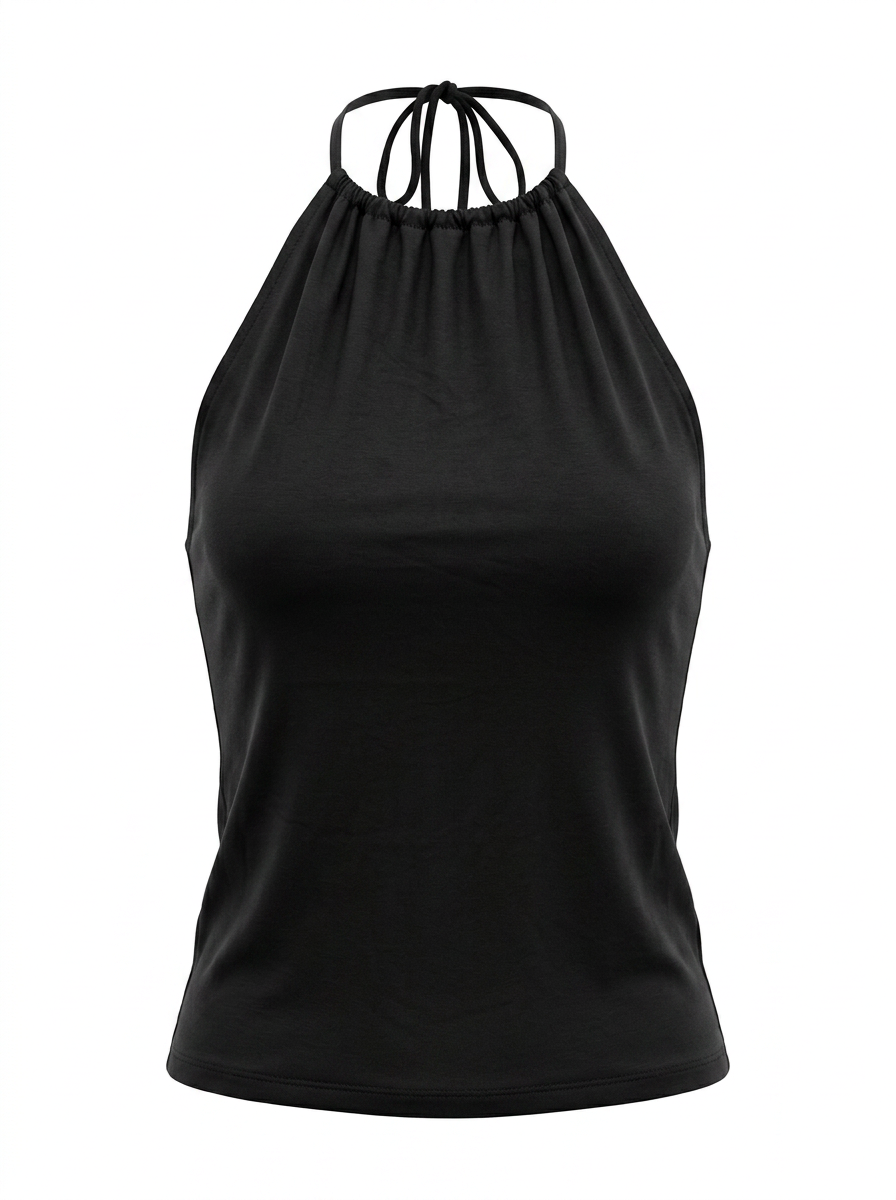 Ghost mannequin image of a black halter high neck sleeveless bodycon top on a white background. 
