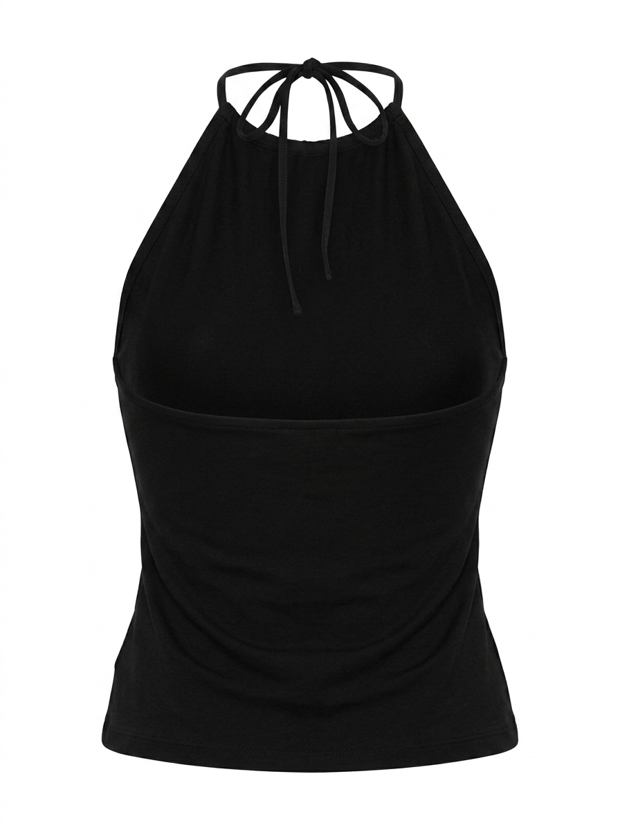 Ghost mannequin image of a black halter high neck sleeveless bodycon top on a white background. 