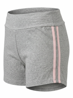 Ghost mannequin image of contrast side stripes elastic waist shorts featuring a pull-on fit in heather grey on a white background.