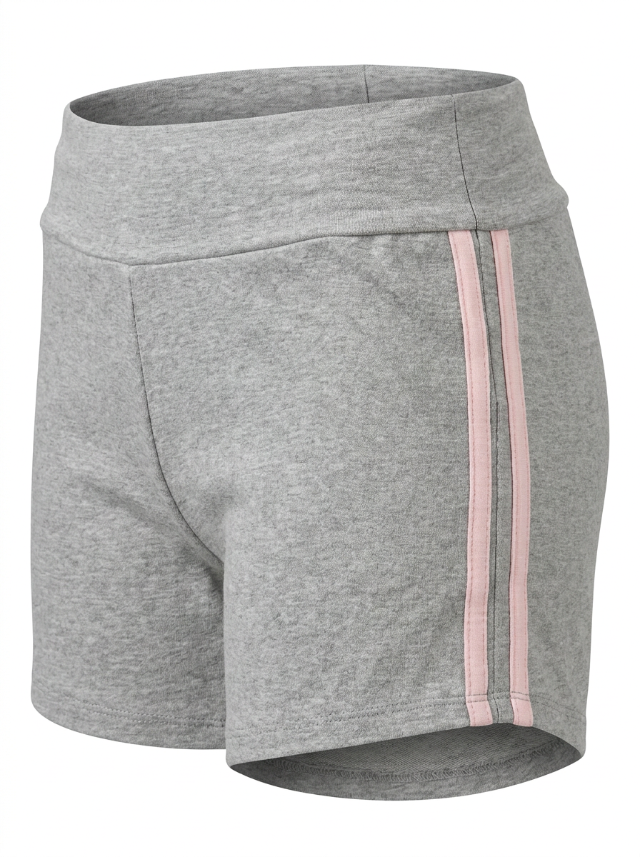 Ghost mannequin image of contrast side stripes elastic waist shorts featuring a pull-on fit in heather grey on a white background.