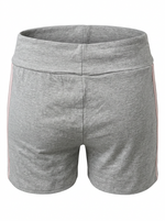 Ghost mannequin image of contrast side stripes elastic waist shorts featuring a pull-on fit in heather grey on a white background.