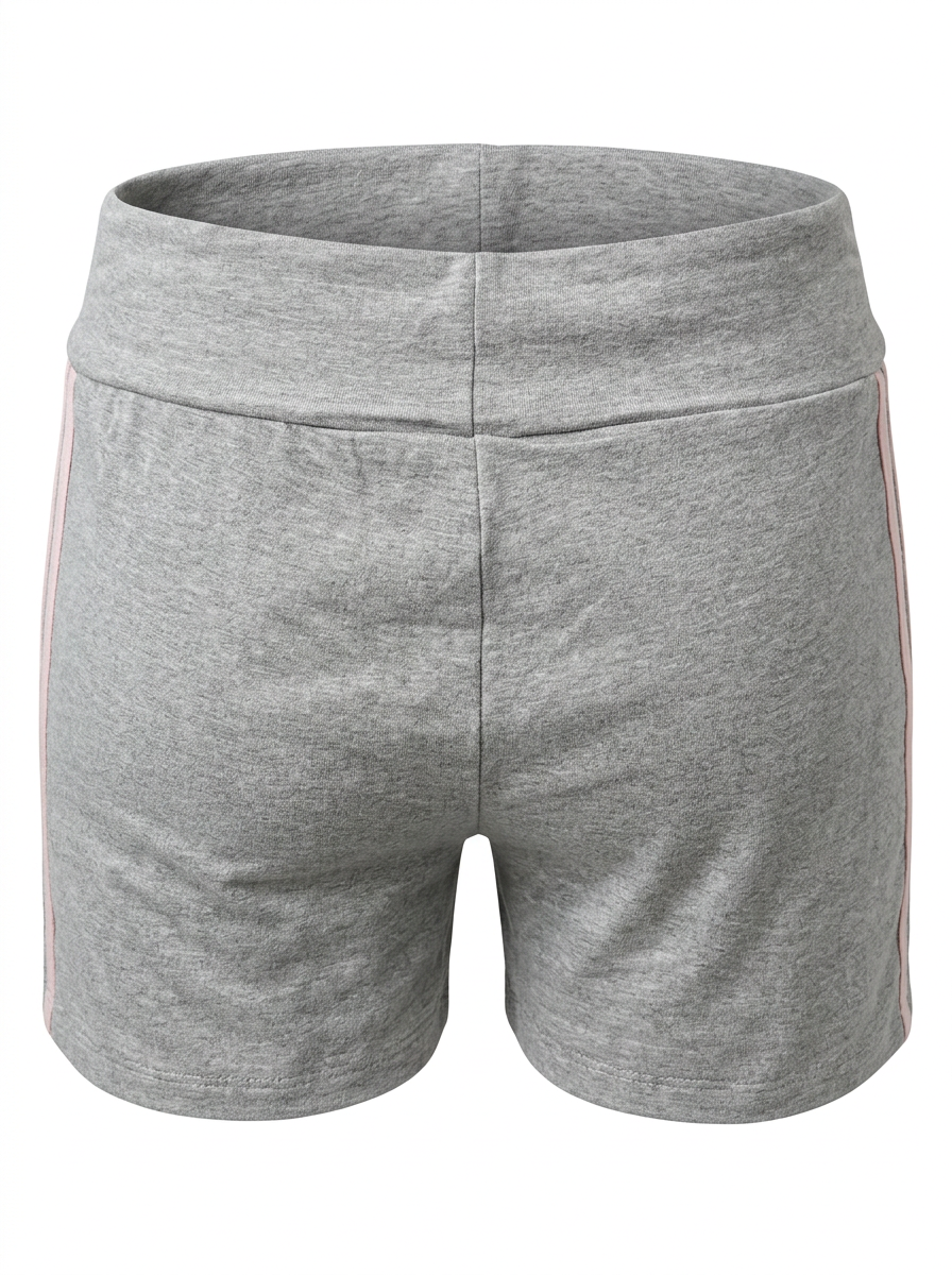 Ghost mannequin image of contrast side stripes elastic waist shorts featuring a pull-on fit in heather grey on a white background.