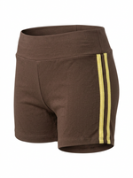 Ghost mannequin image of contrast side stripes elastic waist shorts featuring a pull-on fit in brown on a white background.