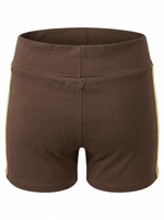 Ghost mannequin image of contrast side stripes elastic waist shorts featuring a pull-on fit in brown on a white background.