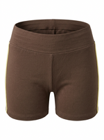 Ghost mannequin image of contrast side stripes elastic waist shorts featuring a pull-on fit in brown on a white background.