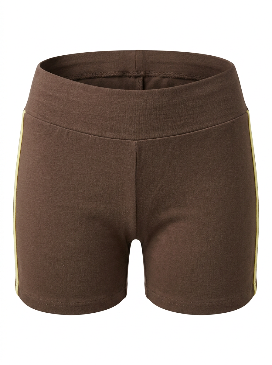 Ghost mannequin image of contrast side stripes elastic waist shorts featuring a pull-on fit in brown on a white background.