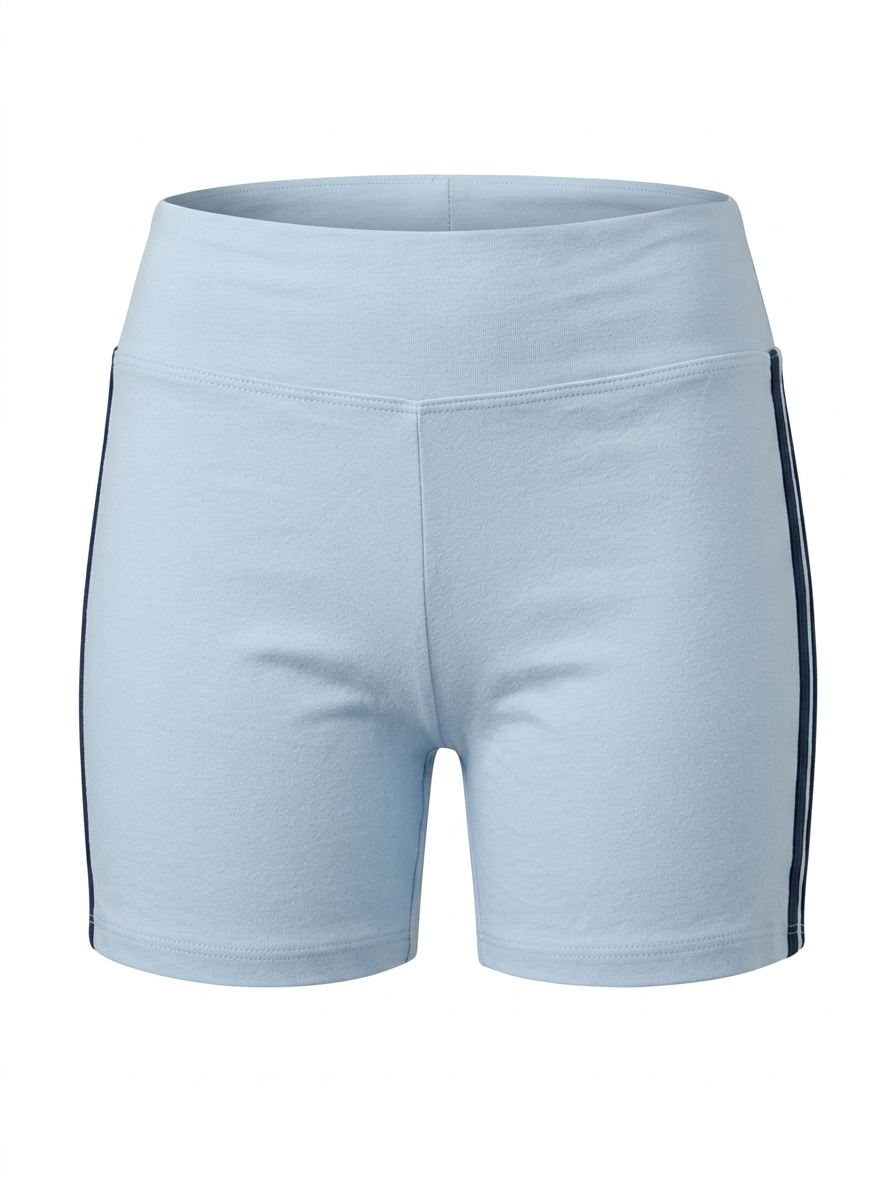 Ghost mannequin image of contrast side stripes elastic waist shorts featuring a pull-on fit in baby blue on a white background.