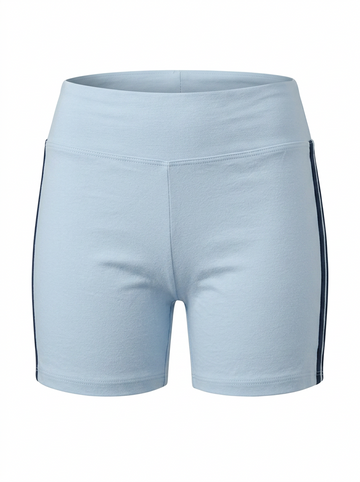 Ghost mannequin image of contrast side stripes elastic waist shorts featuring a pull-on fit in baby blue on a white background.