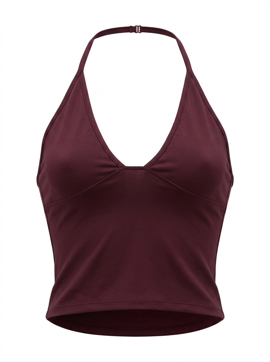 Ghost cut image of a wine HALTER V NECK SOLID COLOR SLEEVELESS TOP on a white background.
