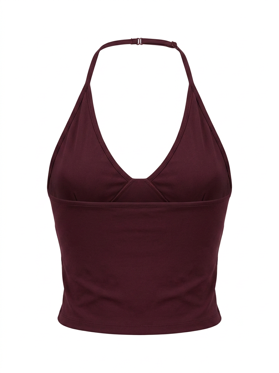 Ghost cut image of a wine HALTER V NECK SOLID COLOR SLEEVELESS TOP on a white background.