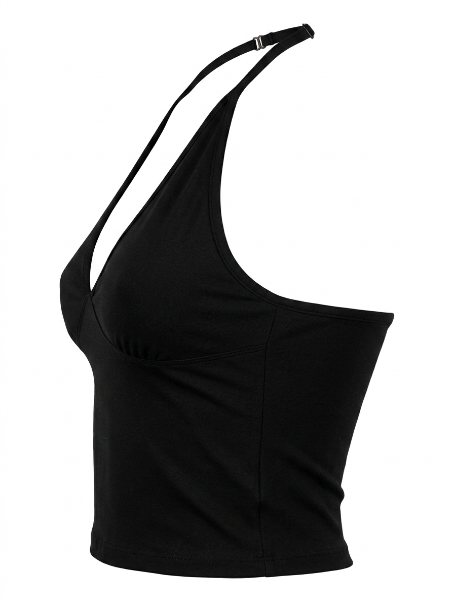 Ghost cut image of a black HALTER V NECK SOLID COLOR SLEEVELESS TOP on a white background.