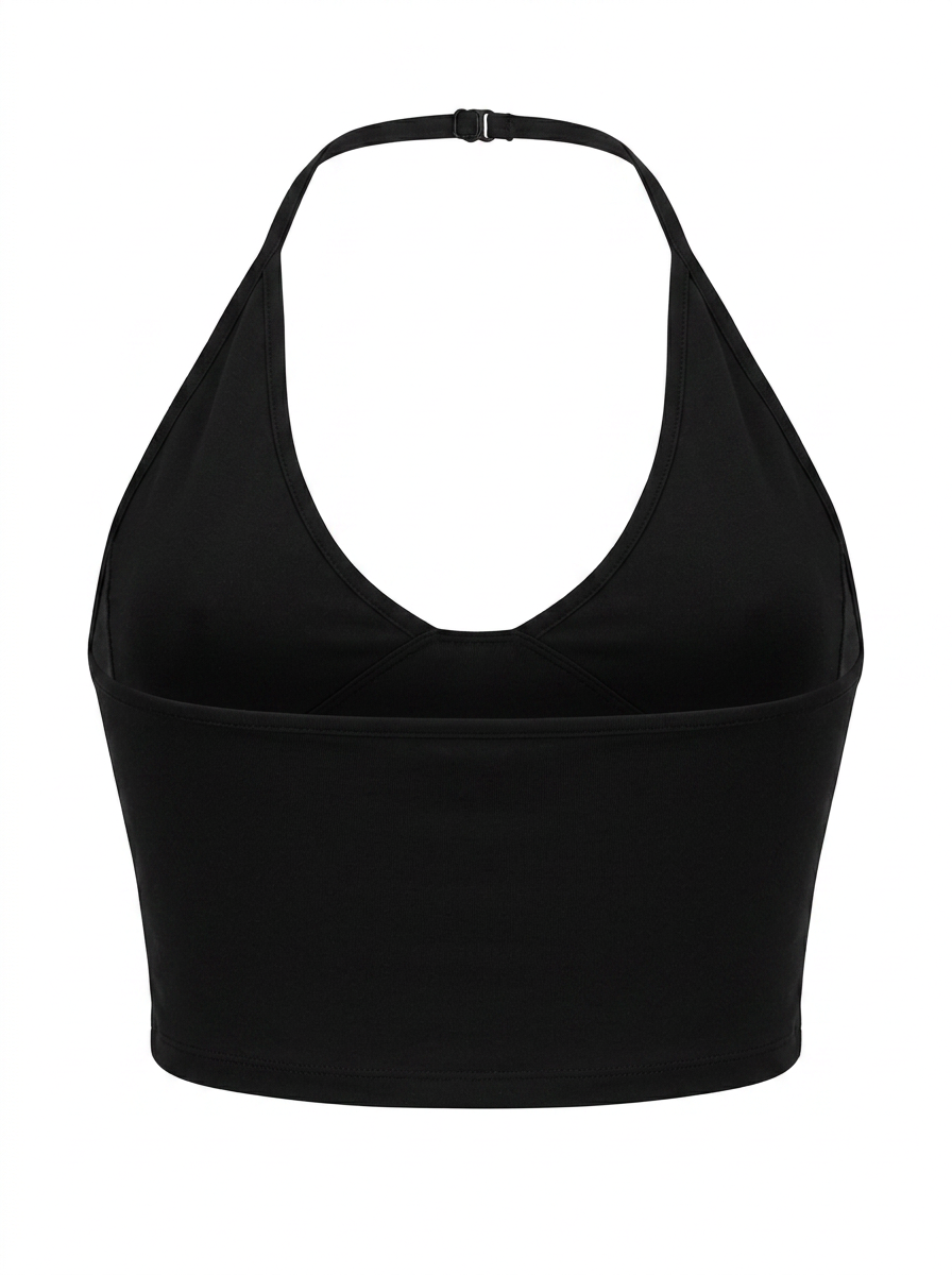Ghost cut image of a black HALTER V NECK SOLID COLOR SLEEVELESS TOP on a white background.