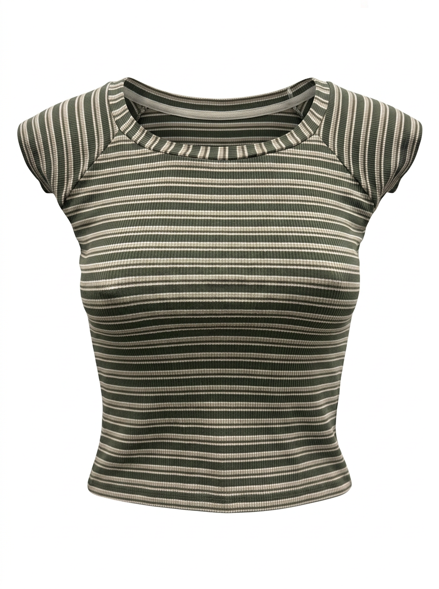 Ghost cut image of an olive BOAT NECK CAP SLEEVE STRIPED BOXY FIT TOP on a white background.