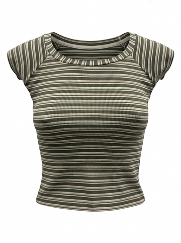Ghost cut image of an olive BOAT NECK CAP SLEEVE STRIPED BOXY FIT TOP on a white background.