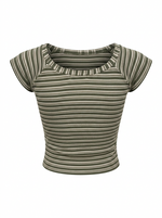 Ghost cut image of an olive BOAT NECK CAP SLEEVE STRIPED BOXY FIT TOP on a white background.
