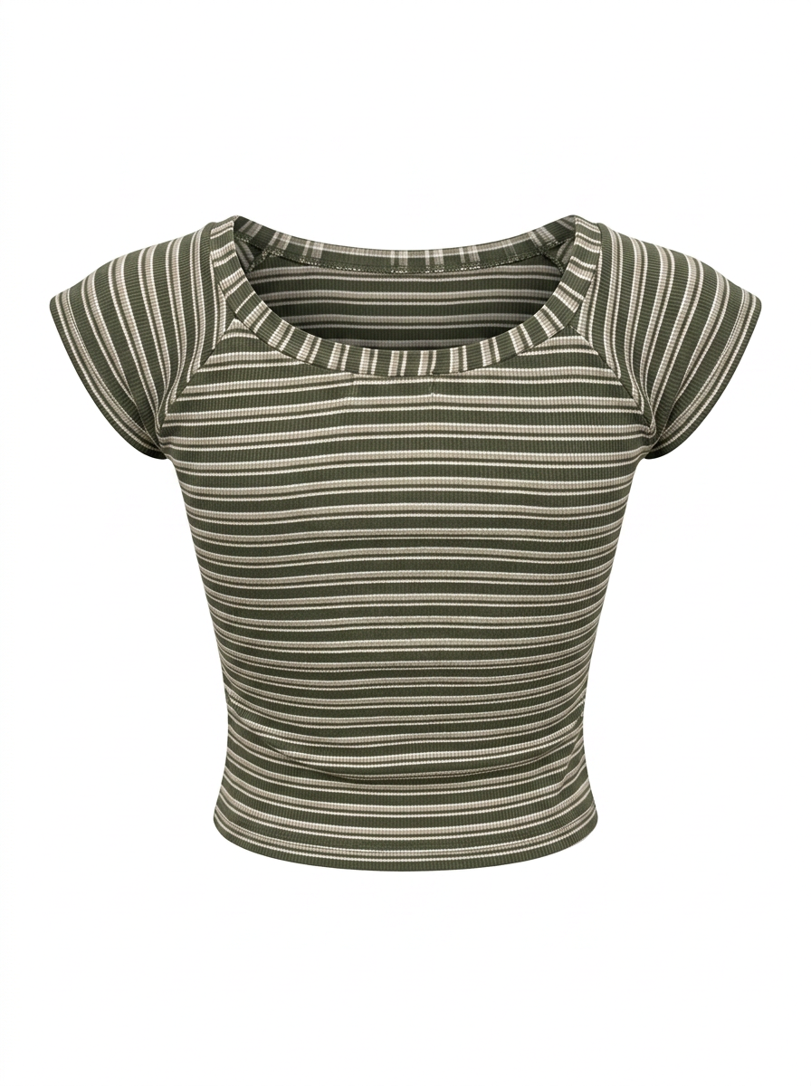 Ghost cut image of an olive BOAT NECK CAP SLEEVE STRIPED BOXY FIT TOP on a white background.