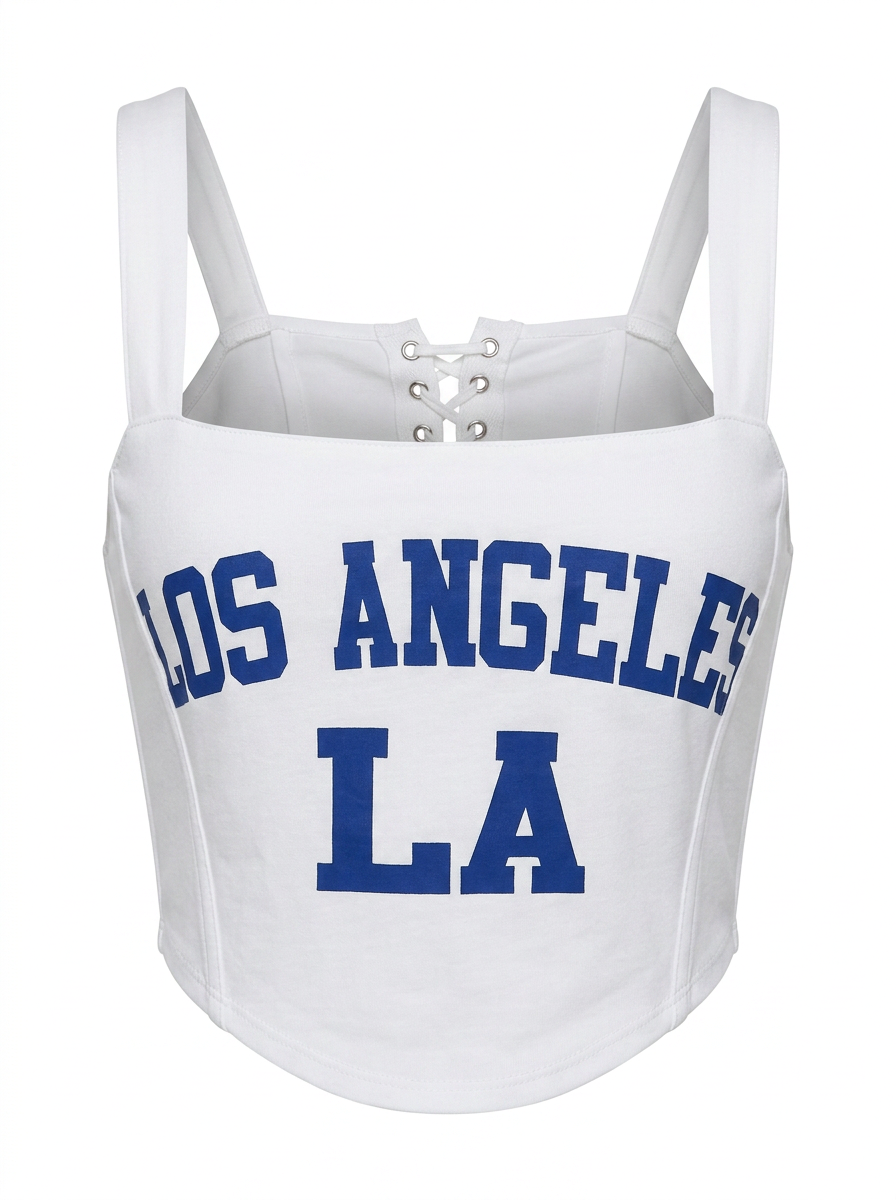 Ghost cut photo of a white SIDE TIES LOS ANGELES CROPPED TANK TOP on a white background. 