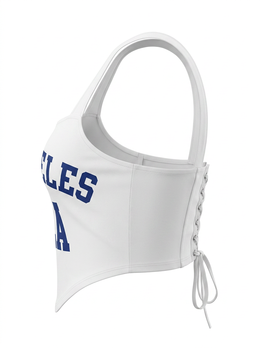 Ghost cut photo of a white SIDE TIES LOS ANGELES CROPPED TANK TOP on a white background. 