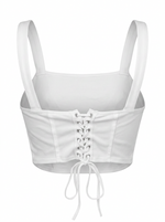 Ghost cut photo of a white SIDE TIES LOS ANGELES CROPPED TANK TOP on a white background. 