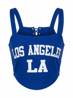 Ghost cut photo of a Blue SIDE TIES LOS ANGELES CROPPED TANK TOP on a white background. 