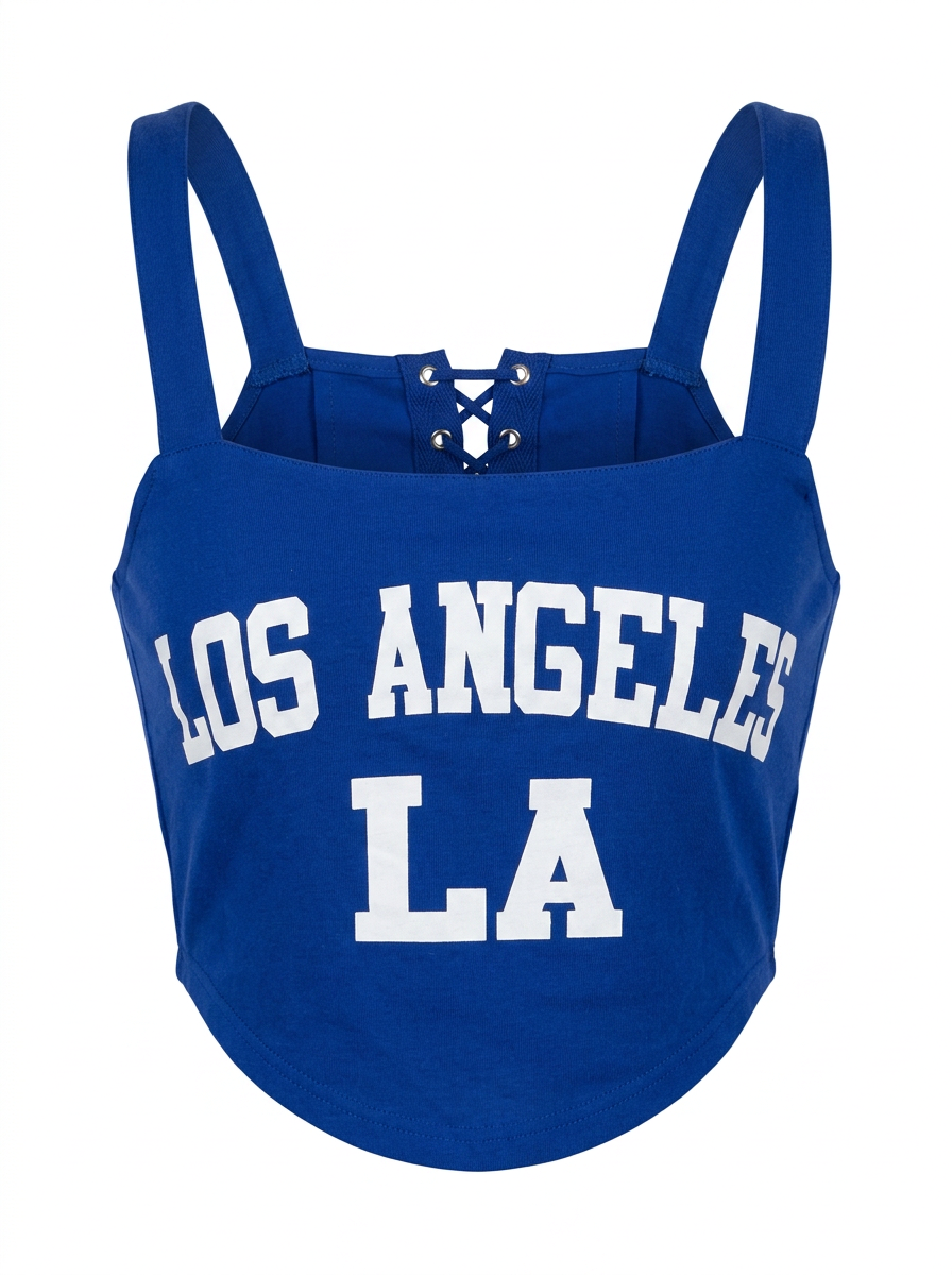 Ghost cut photo of a Blue SIDE TIES LOS ANGELES CROPPED TANK TOP on a white background. 