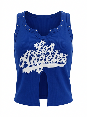 Ghost cut image of a blue STUDS & CUTOUTS LOS ANGELES TANK TOP on a white background.