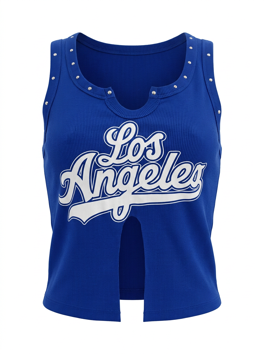 Ghost cut image of a blue STUDS & CUTOUTS LOS ANGELES TANK TOP on a white background.