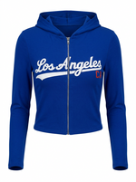 Ghost cut image of a blue LOS ANGELES CA ZIP UP HOODIE on a white background.
