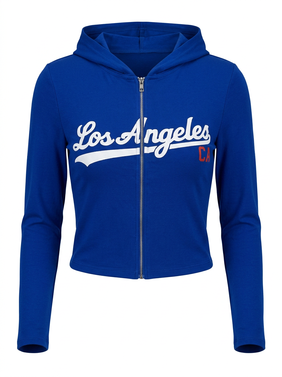 Ghost cut image of a blue LOS ANGELES CA ZIP UP HOODIE on a white background.